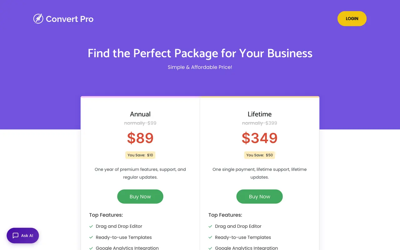 Convert Pro pricing page - Conversion Optimization SaaS pricing tiers and plans