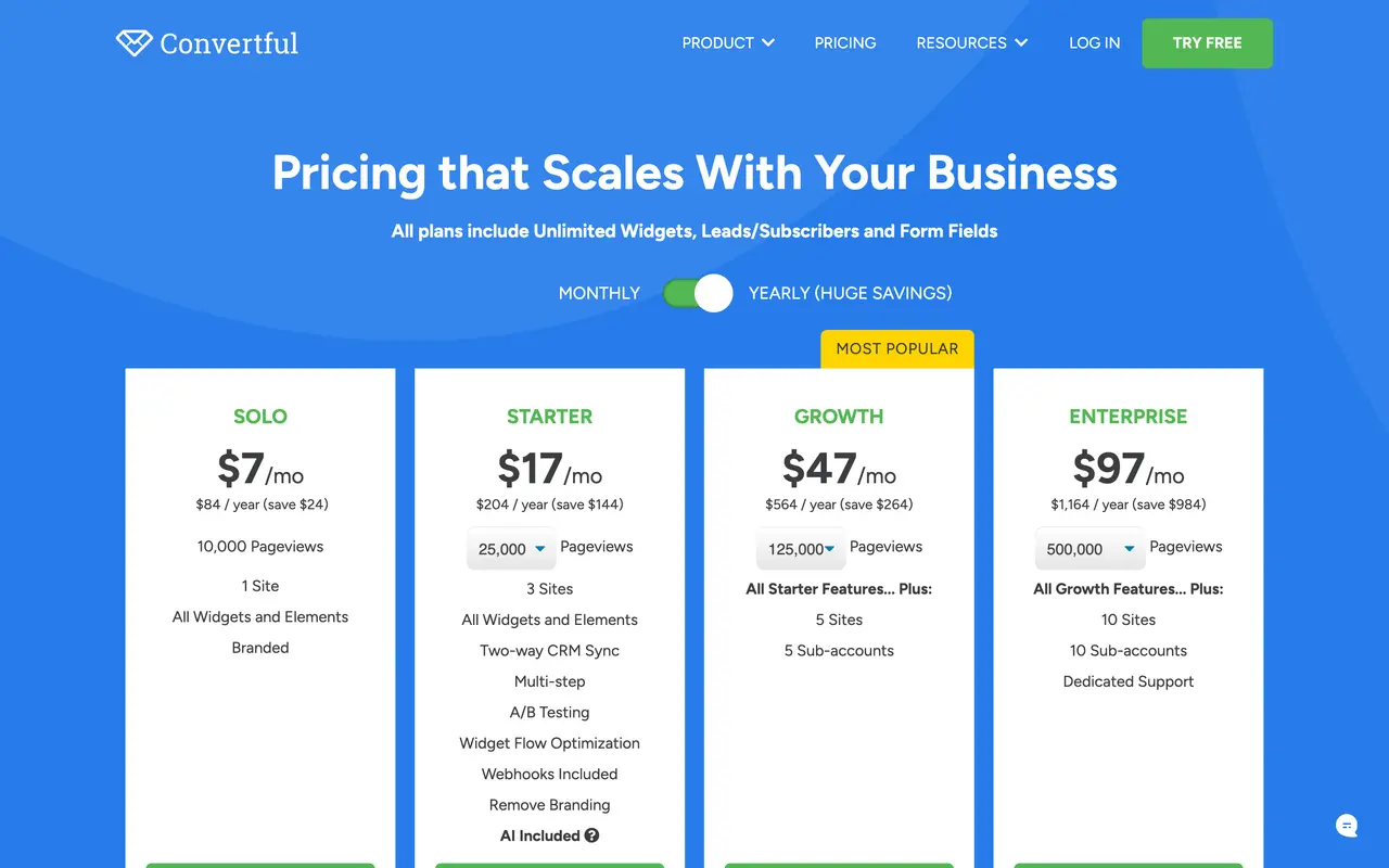 Convertful pricing page - Conversion Optimization SaaS pricing tiers and plans