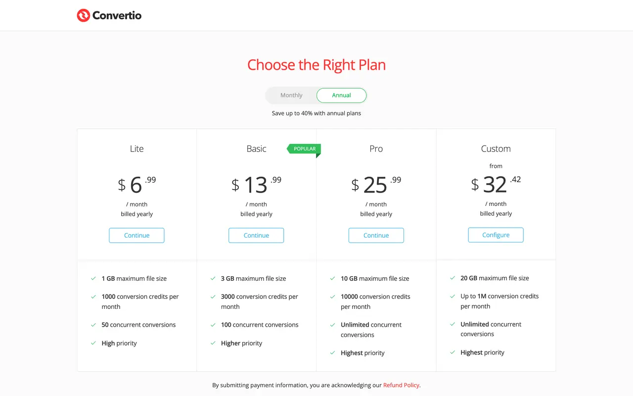 Convertio pricing page - Video & Streaming SaaS pricing tiers and plans