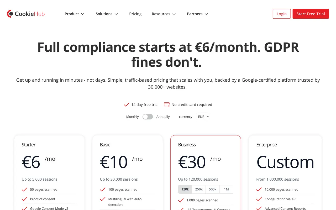CookieHub pricing page - Privacy SaaS pricing tiers and plans