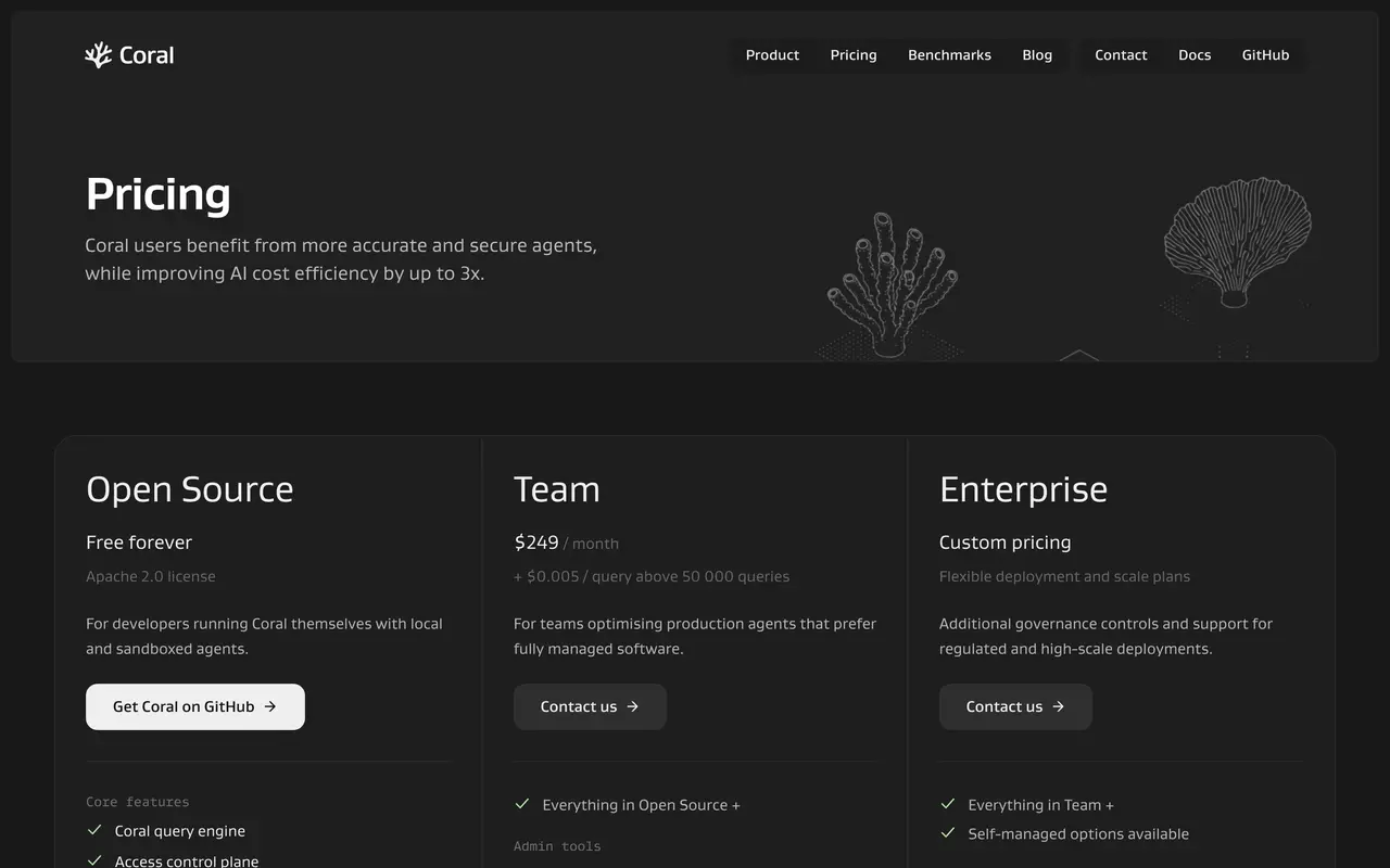 Coral pricing page - Database & Backend SaaS pricing tiers and plans