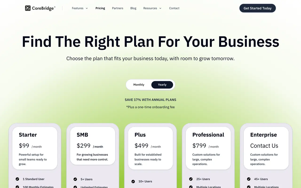 Corebridge Business Solutions pricing page - Field Service & Trades SaaS pricing tiers and plans
