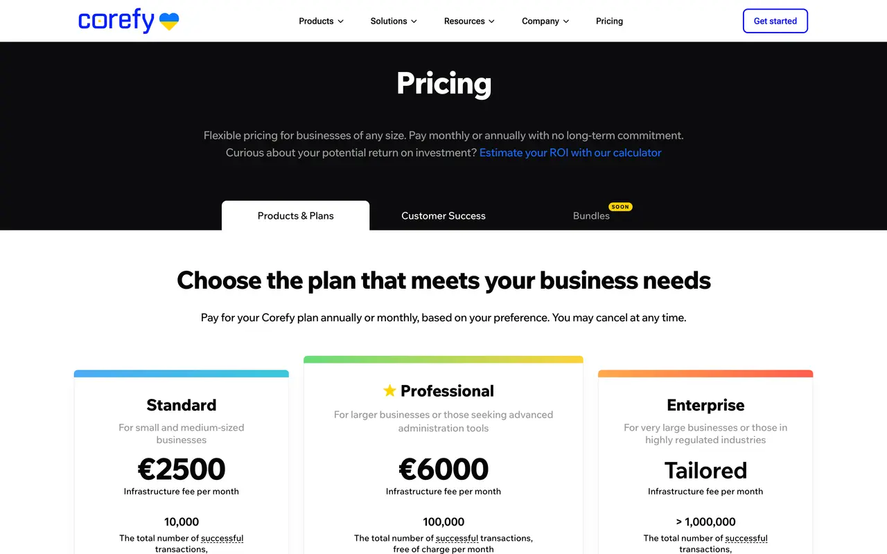 Corefy pricing page - Fintech SaaS pricing tiers and plans