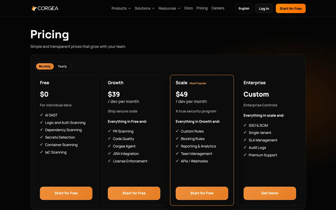 Corgea pricing page - AI Security & Compliance SaaS pricing tiers and plans
