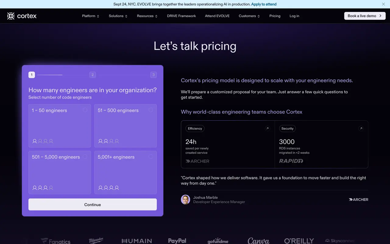 Cortex pricing page - DevOps & CI/CD SaaS pricing tiers and plans