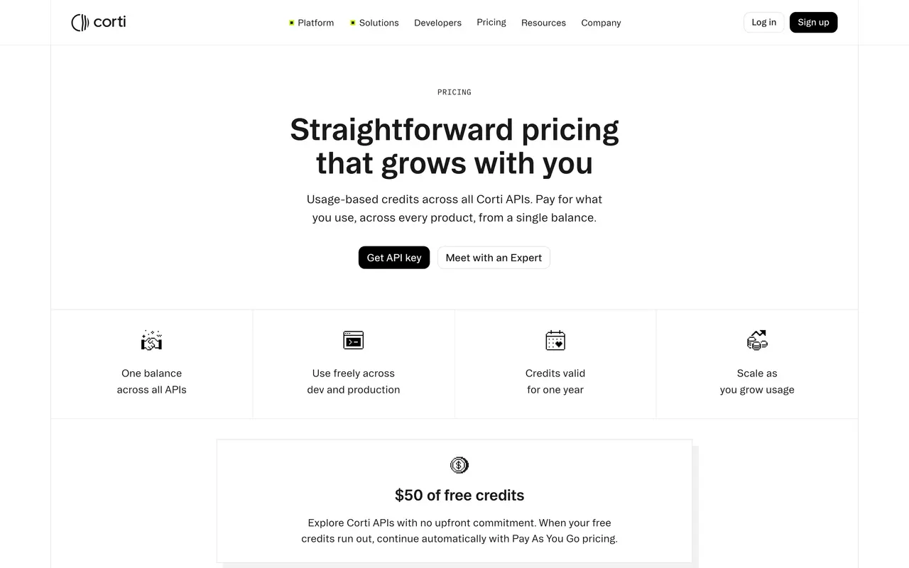 Corti pricing page - AI Healthcare SaaS pricing tiers and plans