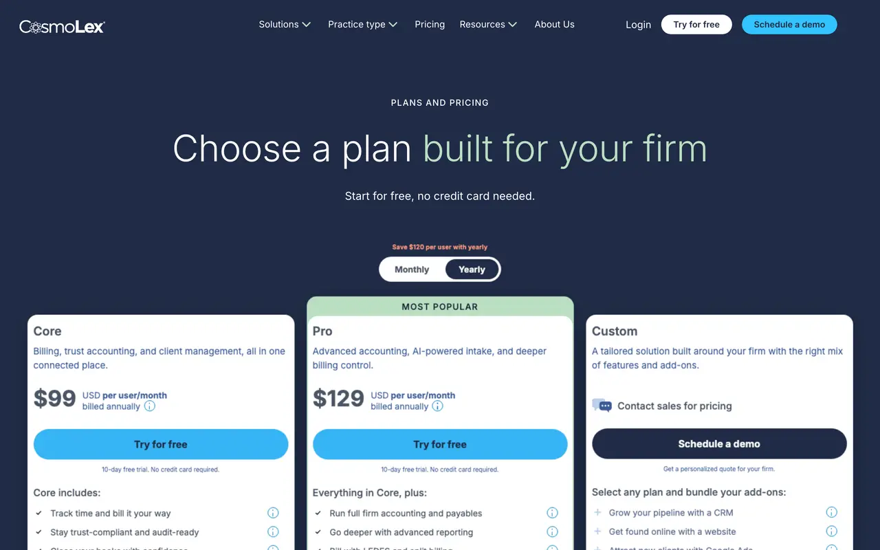 CosmoLex pricing page - Legal SaaS pricing tiers and plans