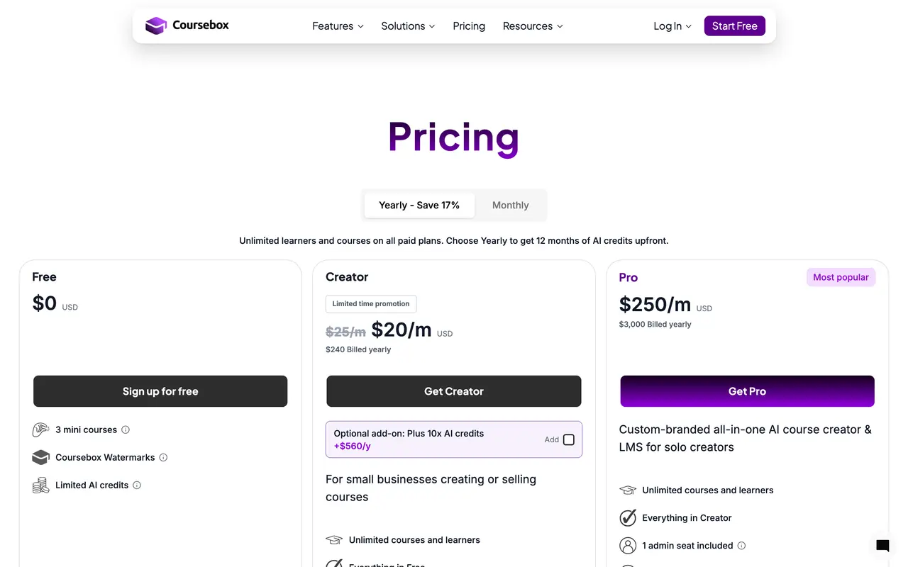 Coursebox pricing page - AI Education SaaS pricing tiers and plans