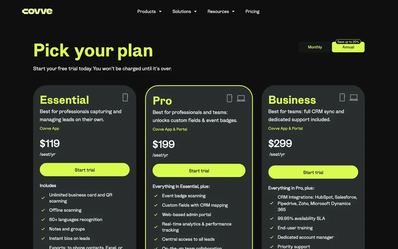 Covve pricing page - CRM SaaS pricing tiers and plans