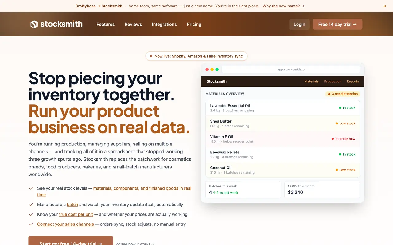 Craftybase pricing page - Supply Chain & Logistics SaaS pricing tiers and plans