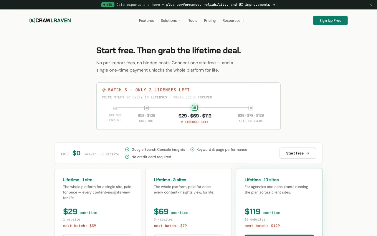 CrawlRaven pricing page - SEO & Content Marketing SaaS pricing tiers and plans
