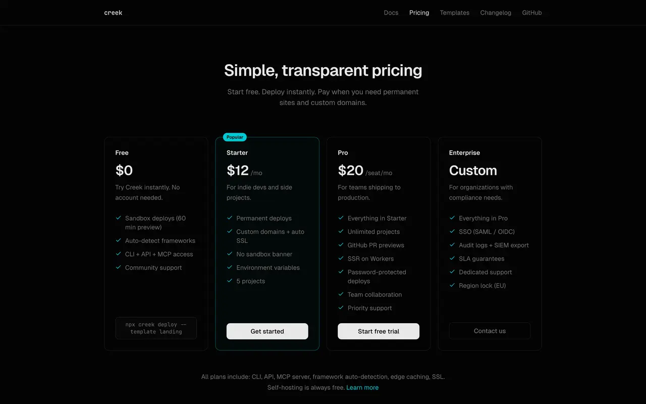 Creek pricing page - Database & Backend SaaS pricing tiers and plans