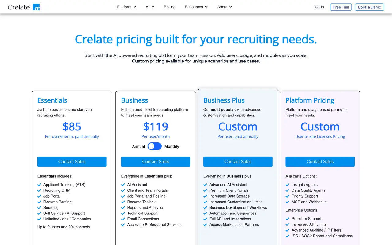 Crelate pricing page - ATS SaaS pricing tiers and plans