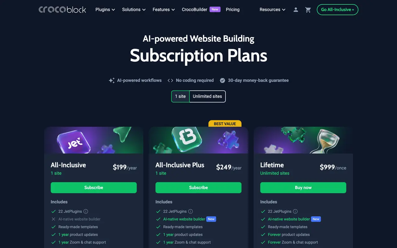Crocoblock pricing page - WordPress SaaS pricing tiers and plans