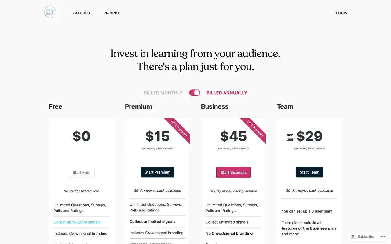 Crowdsignal pricing page - Polls SaaS pricing tiers and plans