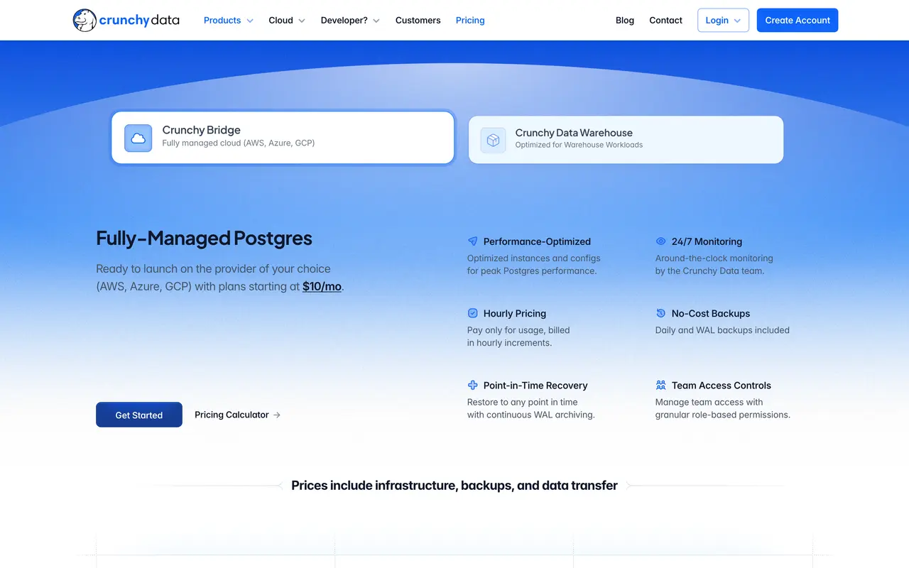 Crunchy Data pricing page - Database SaaS pricing tiers and plans
