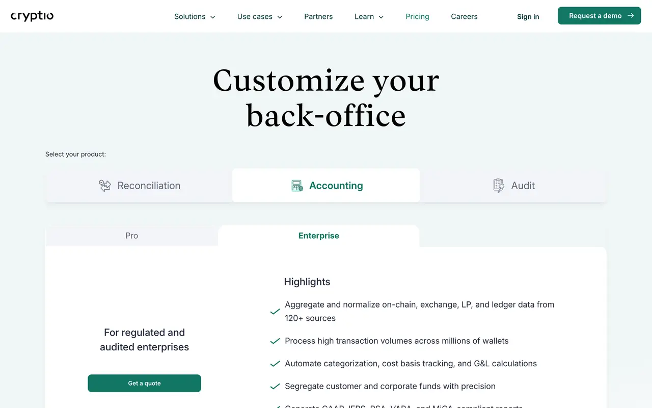 Cryptio pricing page - Fintech SaaS pricing tiers and plans
