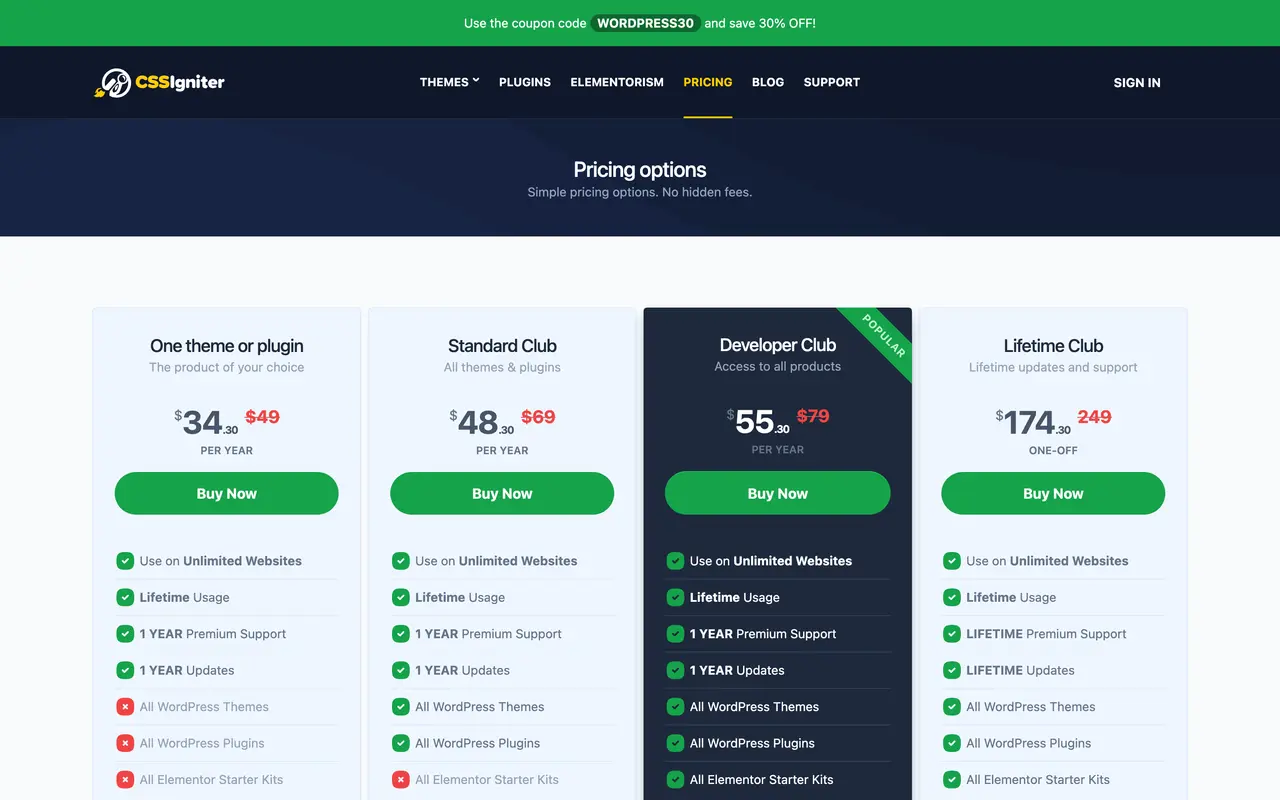 CSSIgniter pricing page - WordPress SaaS pricing tiers and plans