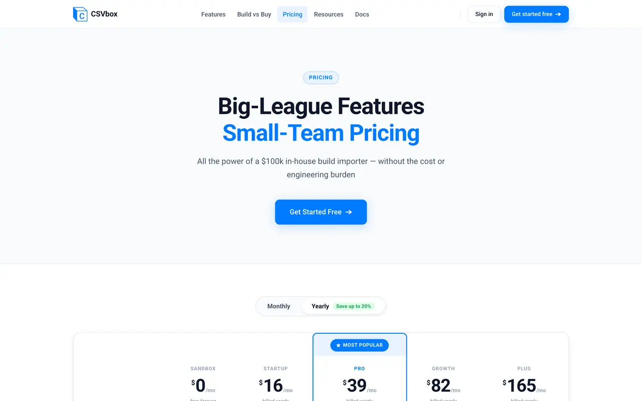 csvbox pricing page - Data SaaS pricing tiers and plans