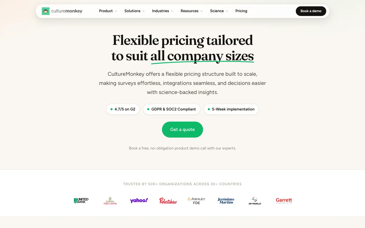 Culture Monkey pricing page - Employee Engagement SaaS pricing tiers and plans