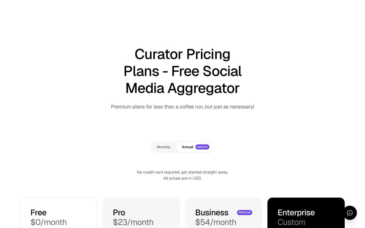 Curator.io pricing page - Widgets SaaS pricing tiers and plans