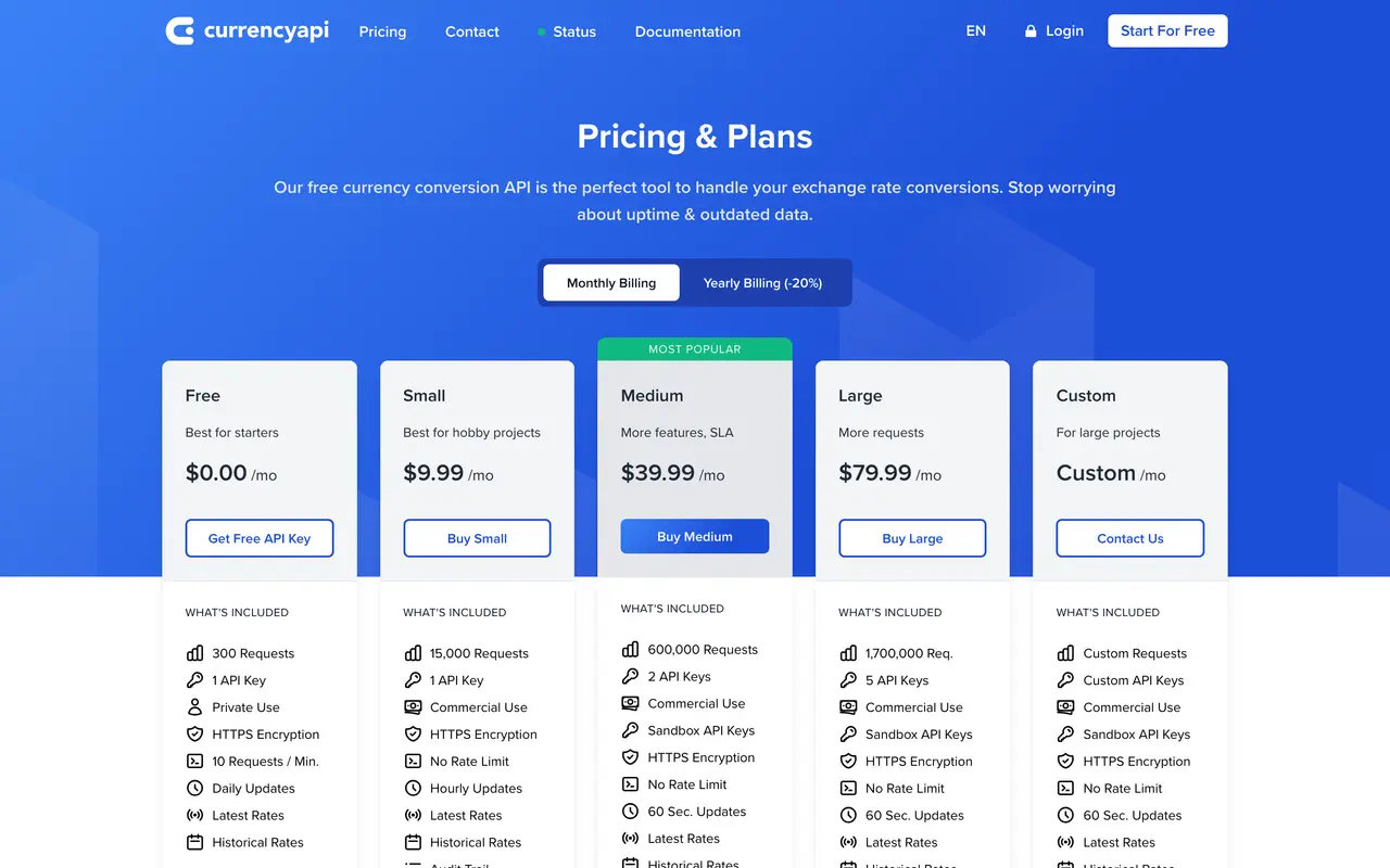 CurrencyAPI pricing page - API Tools SaaS pricing tiers and plans