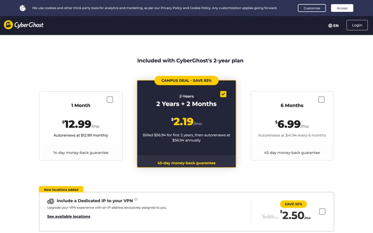 CyberGhost pricing page - VPN SaaS pricing tiers and plans