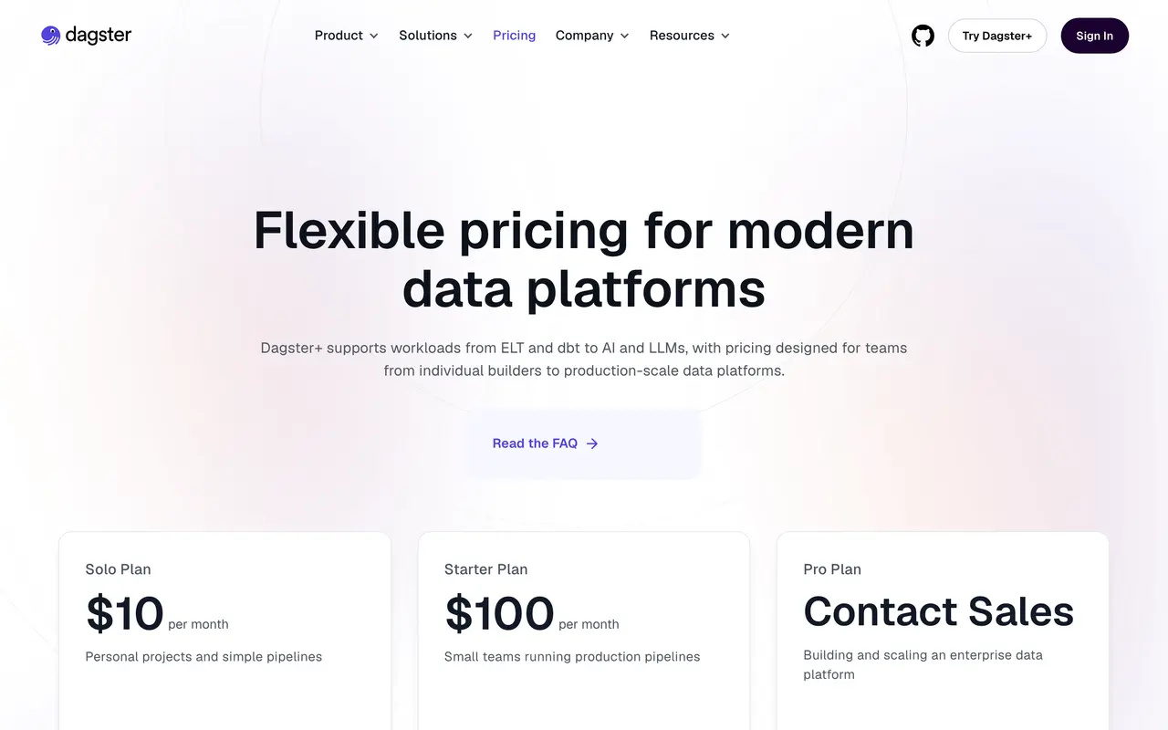 Dagster pricing page - AI Data & Analytics SaaS pricing tiers and plans