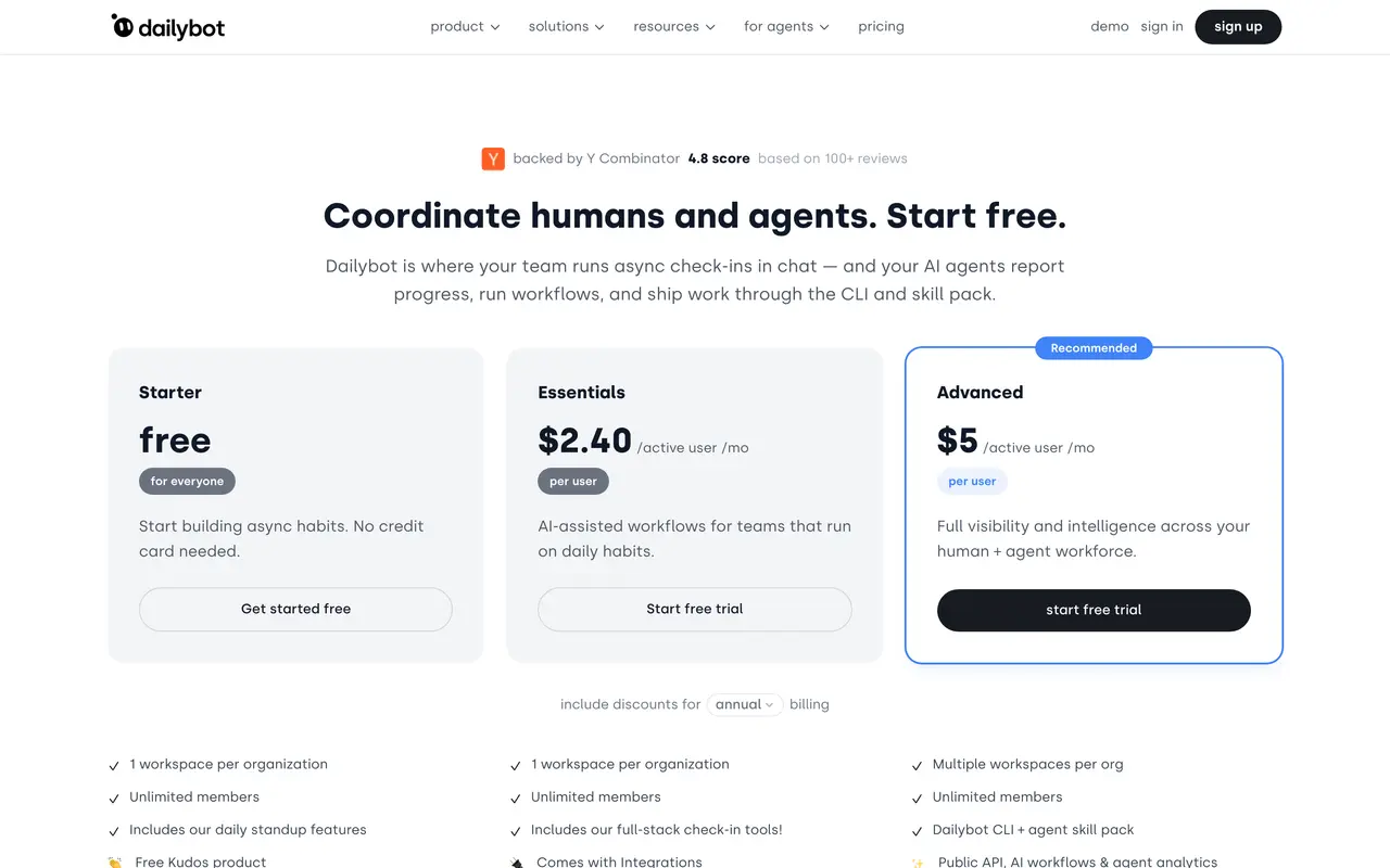 DailyBot pricing page - Collaboration SaaS pricing tiers and plans
