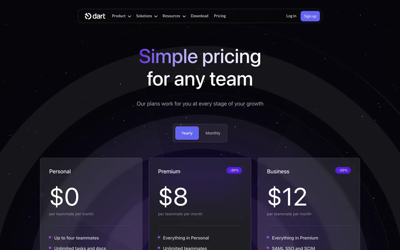 Dart pricing page - AI Productivity SaaS pricing tiers and plans