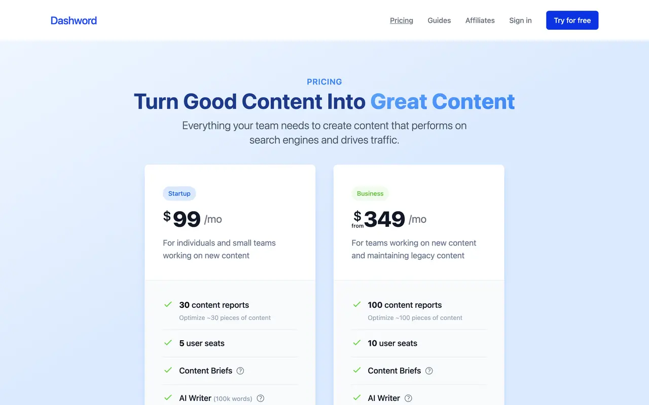 Dashword pricing page - SEO & Content Marketing SaaS pricing tiers and plans