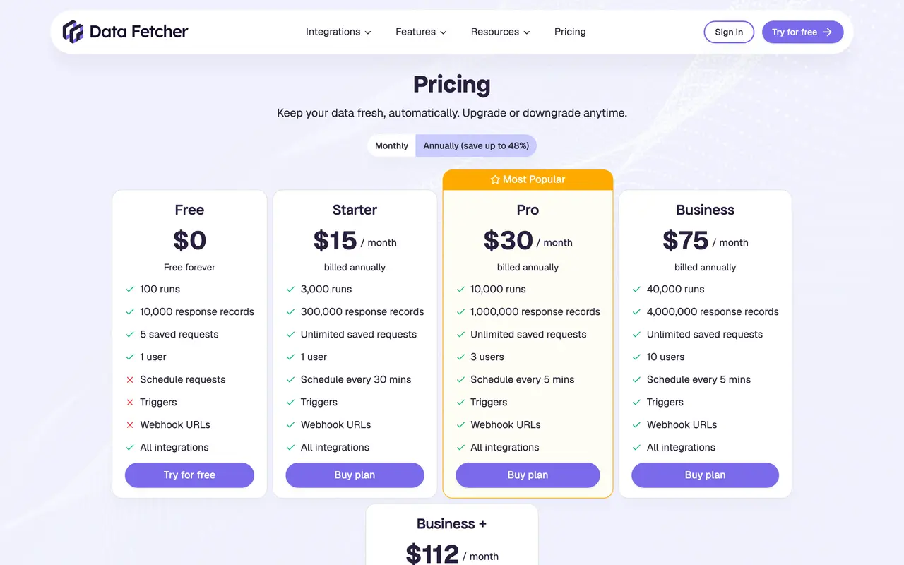 Data Fetcher pricing page - No-Code & Low-Code SaaS pricing tiers and plans