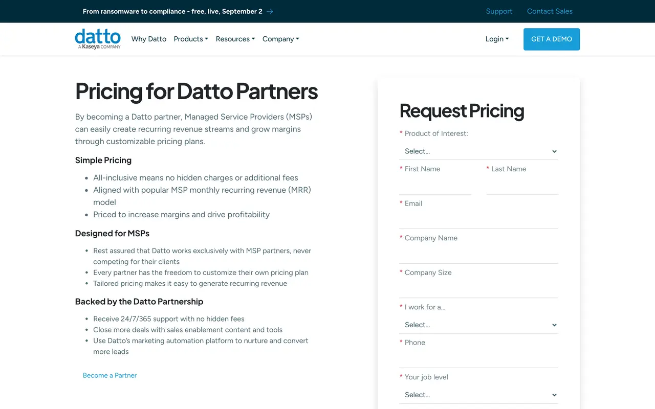 Datto pricing page - Storage & Backup SaaS pricing tiers and plans
