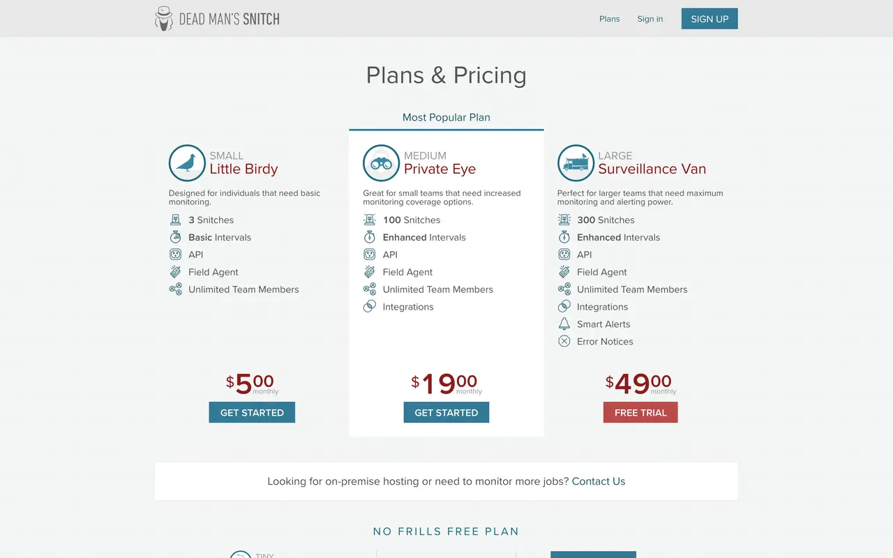 Dead Man's Snitch pricing page - Monitoring SaaS pricing tiers and plans