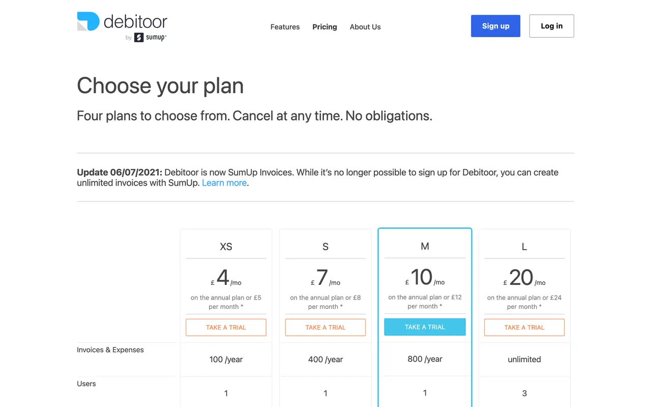 Debitoor pricing page - Invoicing SaaS pricing tiers and plans
