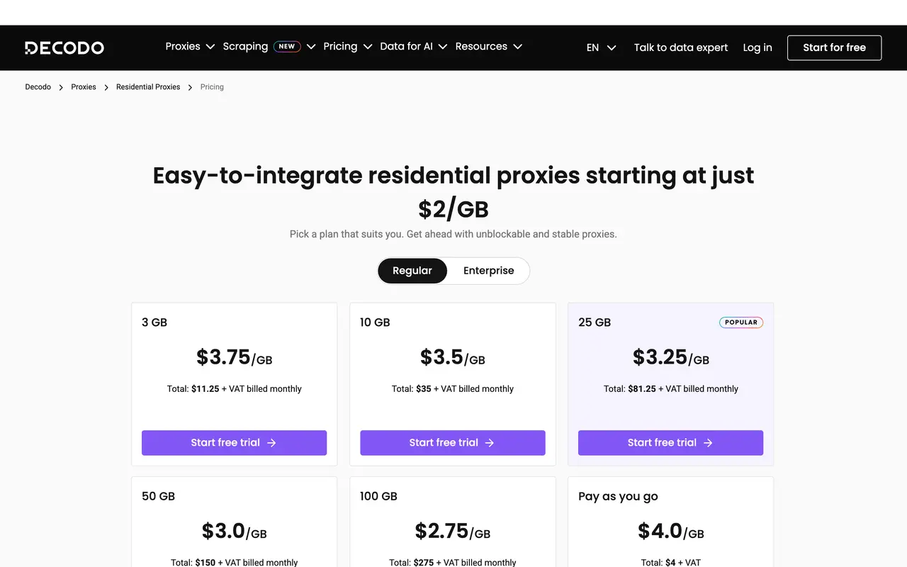 Decodo pricing page - Data SaaS pricing tiers and plans