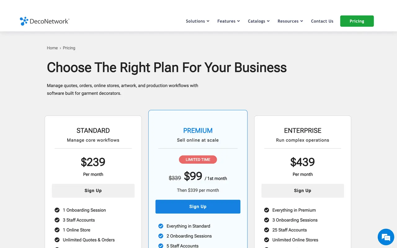 DecoNetwork pricing page - Printing SaaS pricing tiers and plans