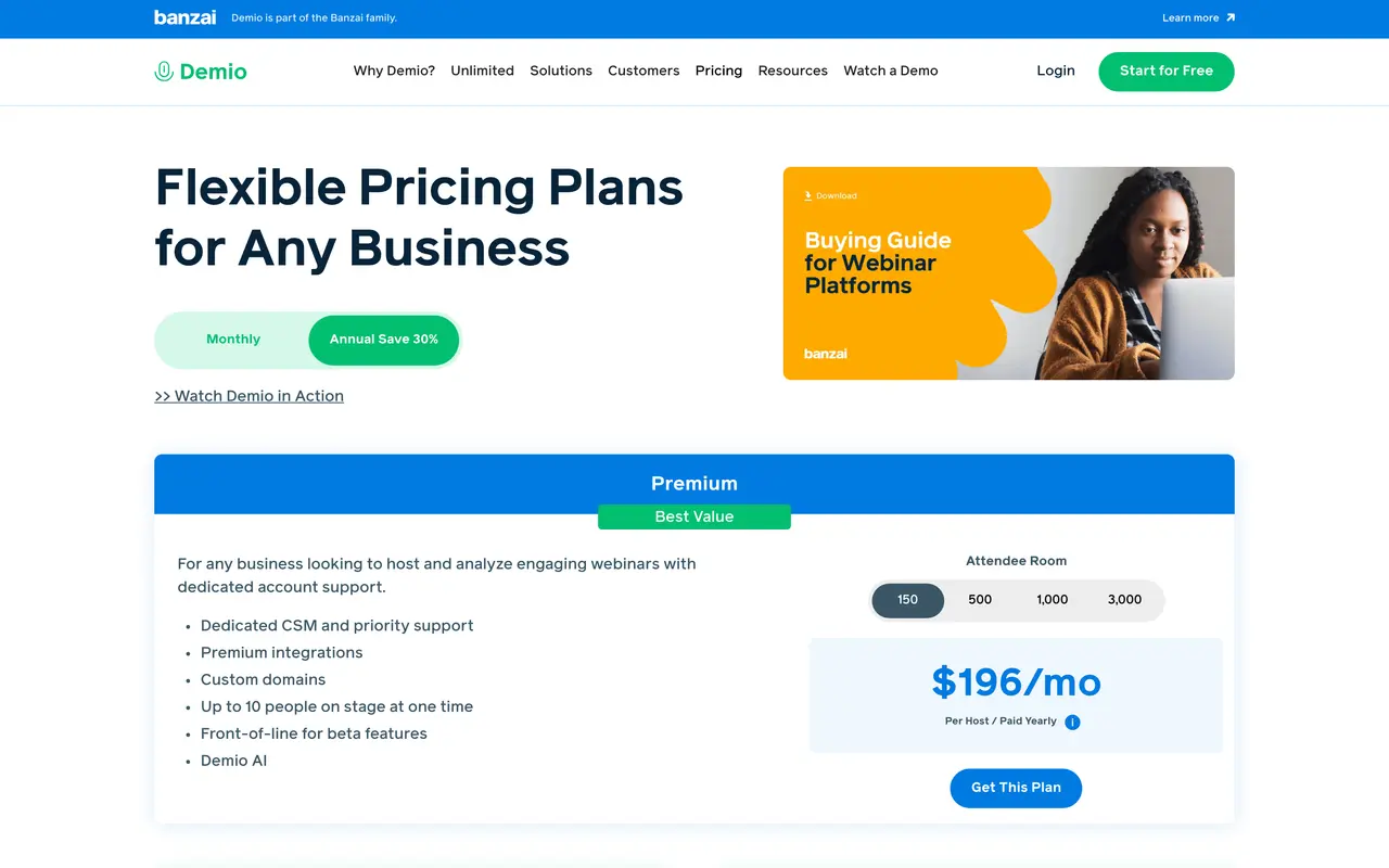 Demio pricing page - Webinars SaaS pricing tiers and plans