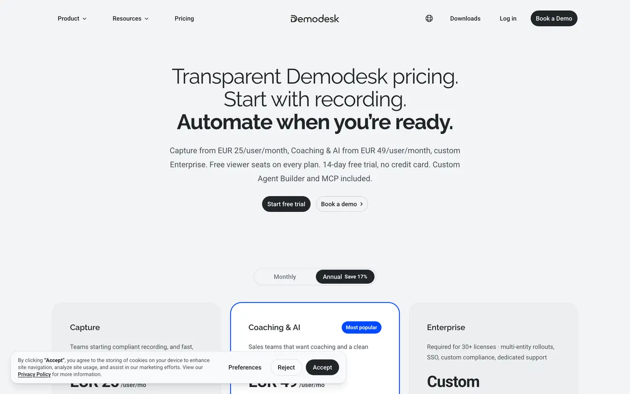 Demodesk pricing page - Webinar & Virtual Meeting SaaS pricing tiers and plans