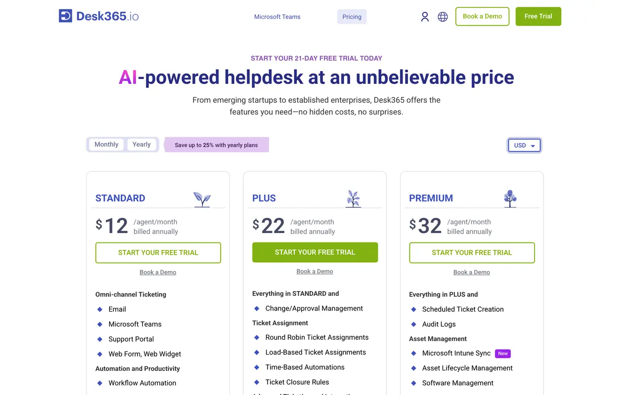 Desk365 pricing page - Customer Support SaaS pricing tiers and plans