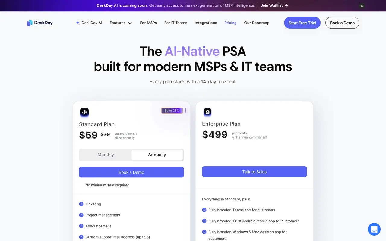 DeskDay pricing page - Customer Support SaaS pricing tiers and plans
