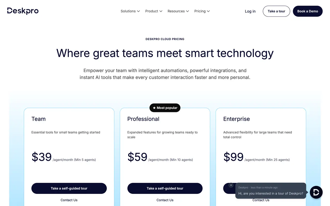 Deskpro pricing page - Customer Support SaaS pricing tiers and plans