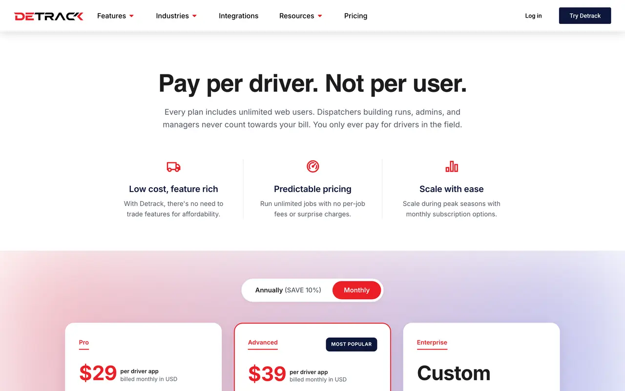Detrack pricing page - Supply Chain & Logistics SaaS pricing tiers and plans