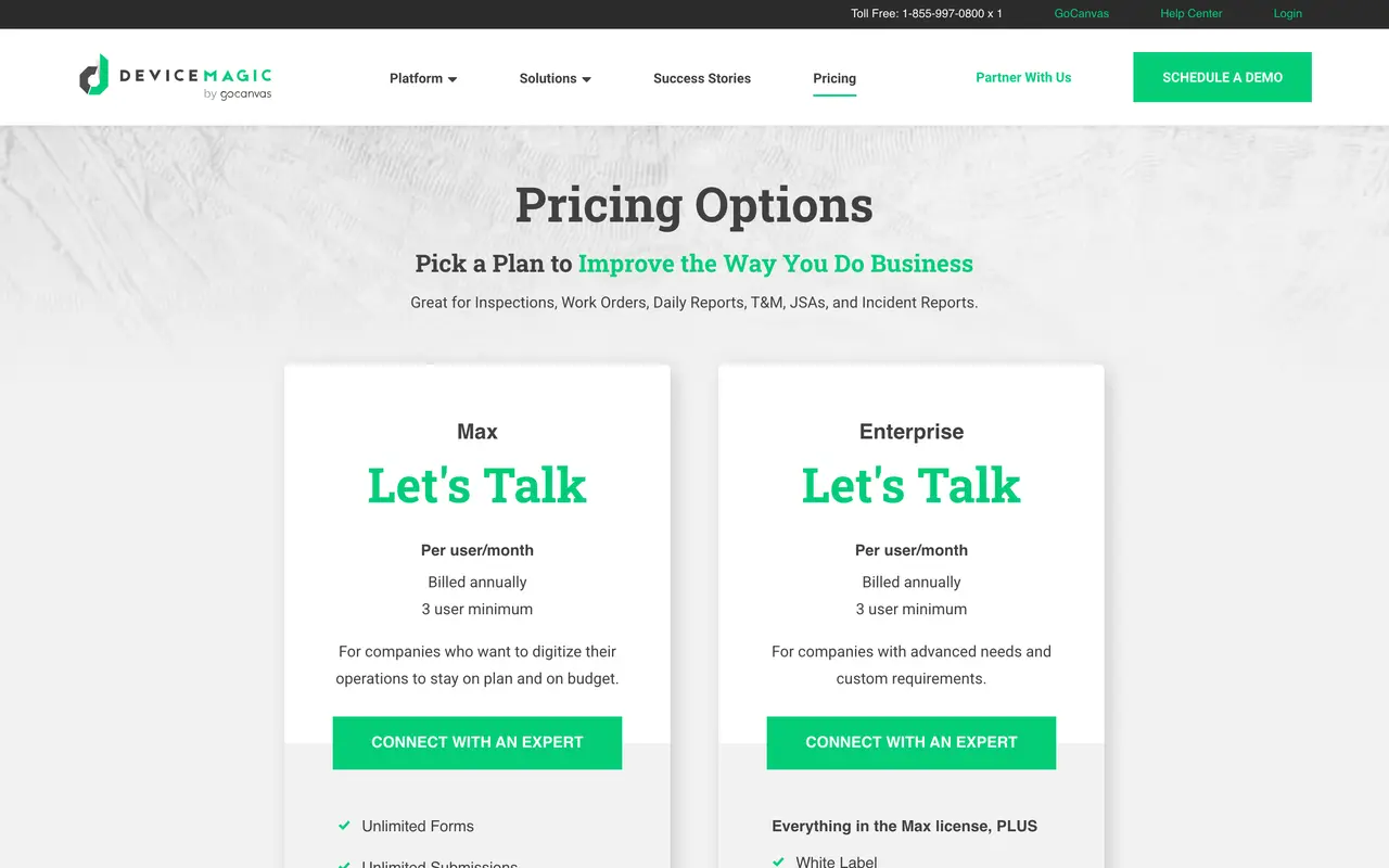 Device Magic pricing page - Forms SaaS pricing tiers and plans