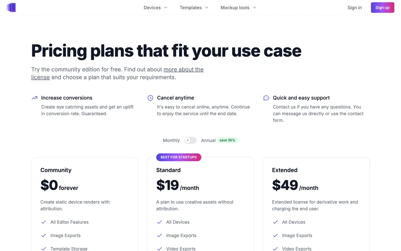DeviceFrames pricing page - Design SaaS pricing tiers and plans