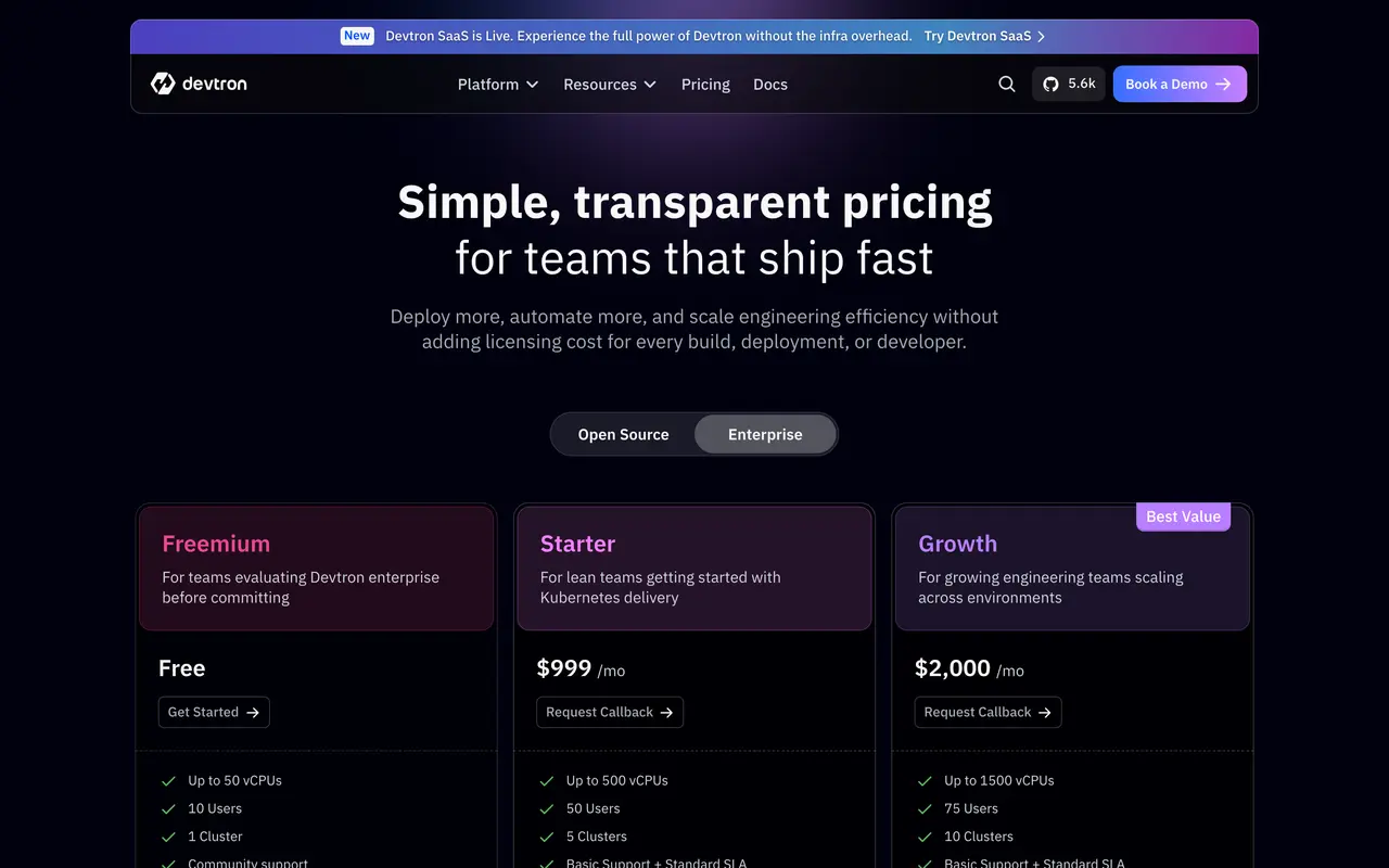 Devtron pricing page - Container & Kubernetes SaaS pricing tiers and plans