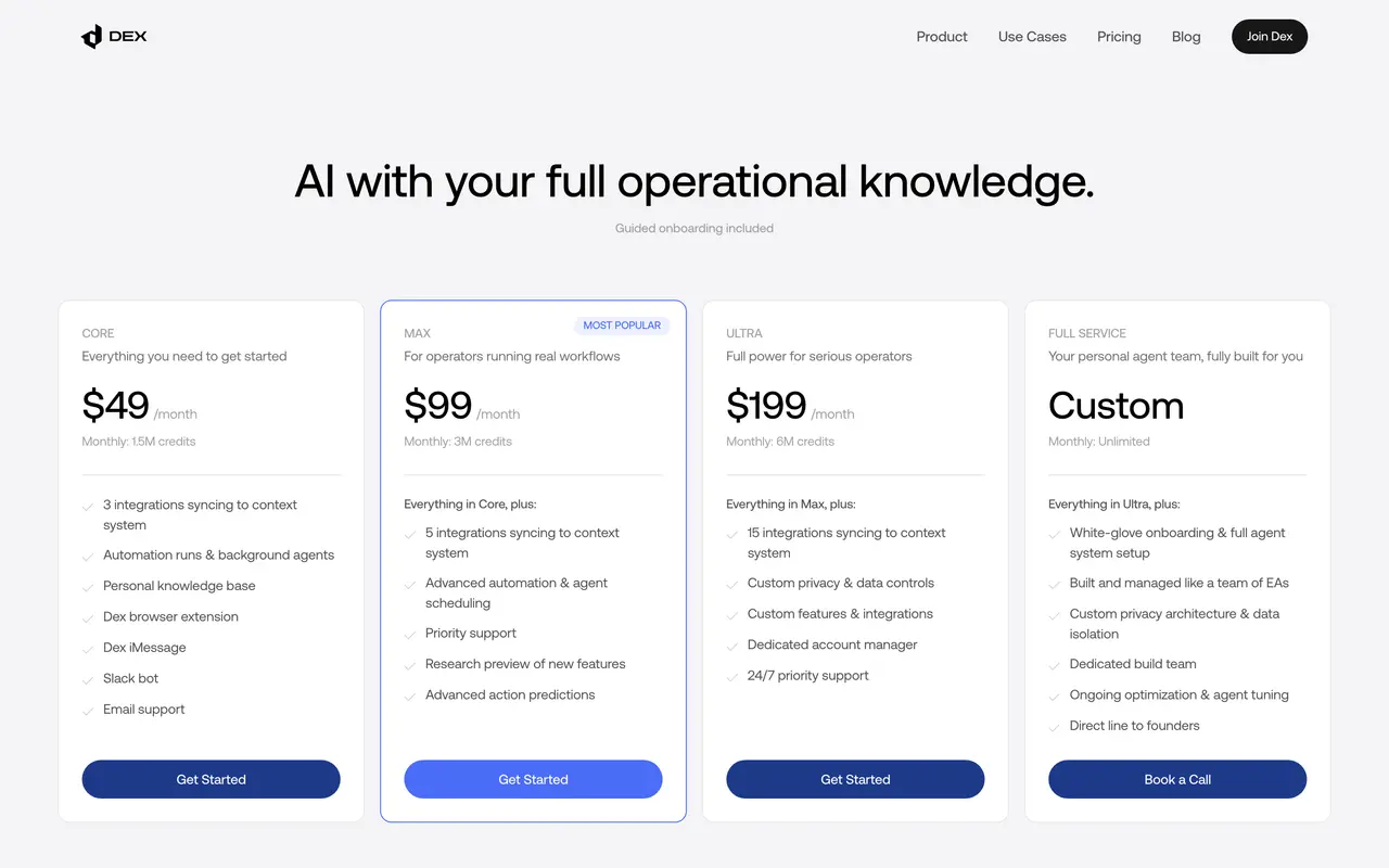 Dex pricing page - AI HR & Recruiting SaaS pricing tiers and plans