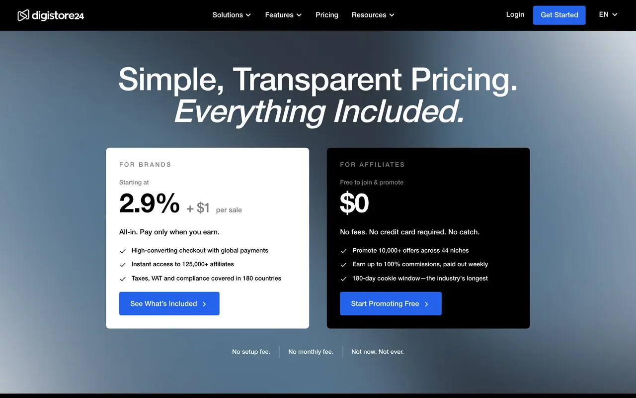 Digistore24 pricing page - Digital Products SaaS pricing tiers and plans