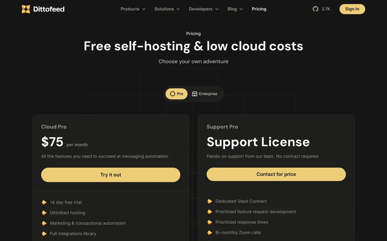 Dittofeed pricing page - Communication SaaS pricing tiers and plans