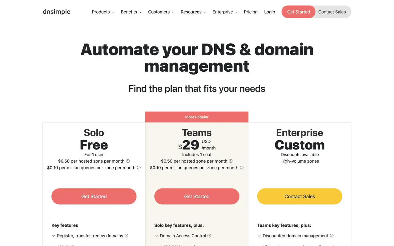 DNSimple pricing page - DevOps SaaS pricing tiers and plans